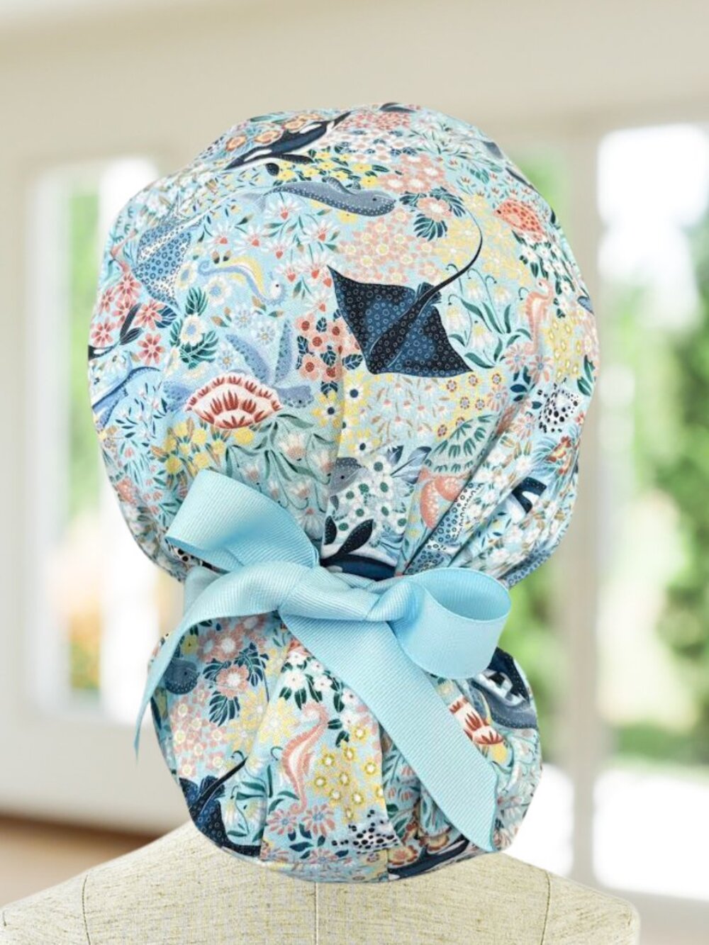 Ocean Orca Floral Scrub ~ Ponytail Scrub Cap, Surgical Hat. CNA, OR, Tech, Vet,